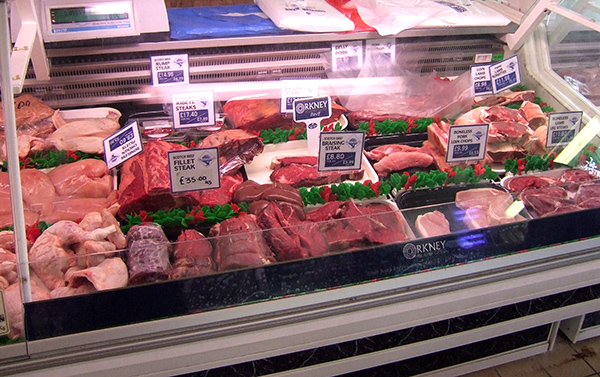 Meat counter at Buntings food store in Coggeshall, Essex